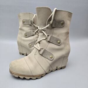 Sorel Joan of Arctic Wedge II Linen Soft Taupe Leather Mid Ankle Booties Size 8